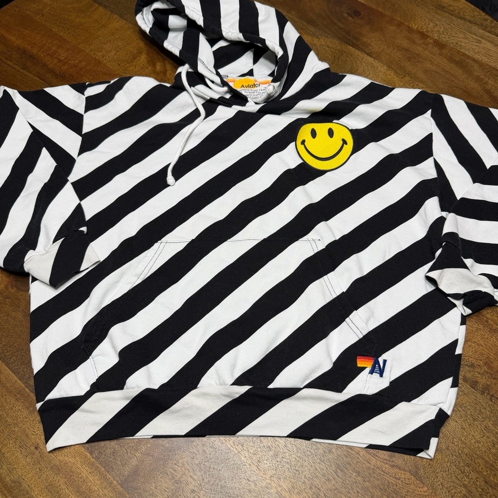 Aviator Nation Caution Stripe Smiley Pullover Hoodie Small  Rare